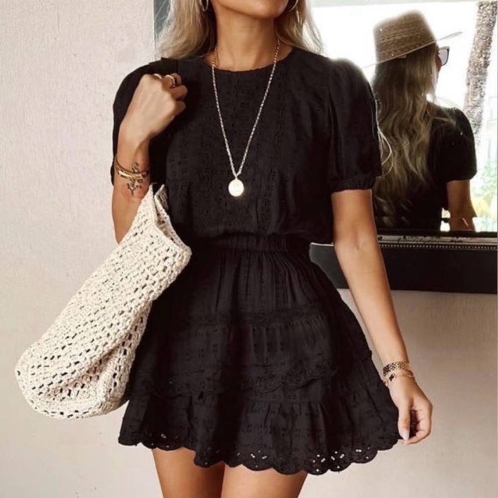 Zara Black Eyelet Puff Sleeve Ruffle Mini Dress